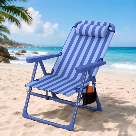 DKMOCO Backpack Beach Chair for Adults, 6-Position Reclining Beach Chair with Cooler & Cup Holder,Light-Weight Foldable Camping Chair for Beach, Camp, Outdoor Navy Blue