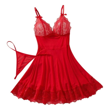 Nightgowns for Women Plus Size Nightgown for Women Mesh Lace Sheer V-Neck Chemise Dress Plus Size Negligee with Panty Underwear Set Womens Cotton Pajama Pants S