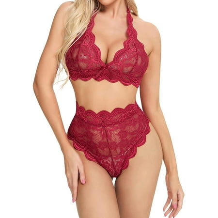 

COUTEXYI Sexy Lingerie Set V-neck Halter Bralette + Scalloped Lace Trim Panty