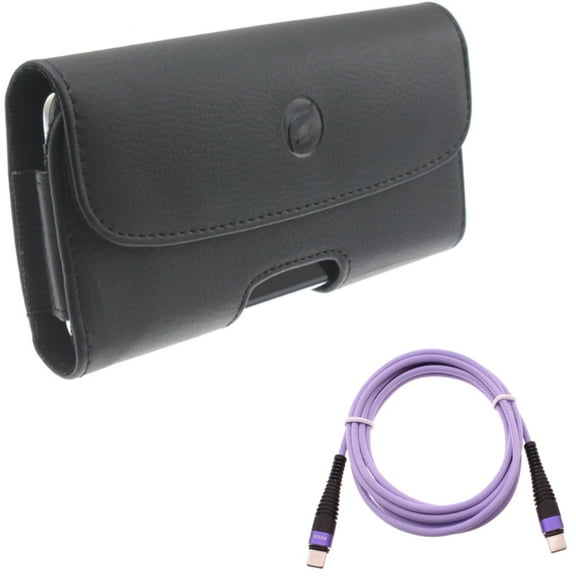 Purple 10ft PD Cable   Case Belt Clip for Motorola One 5G Ace Phone - Type-C to USB-C Fast Charger Cord Extra Long Power and  Leather Holster Cover Pouch Combo for Motorola One 5G Ace