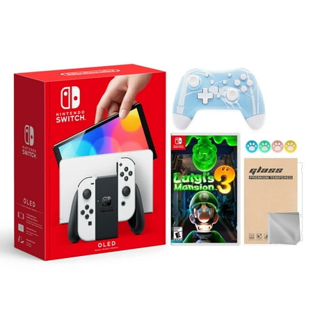 2021 New Nintendo Switch OLED Model White Joy Con 64GB Console Improved HD Screen & LAN-Port Dock with Luigi's Mansion 3 And Mytrix Wireless Switch Pro Controller and Accessories