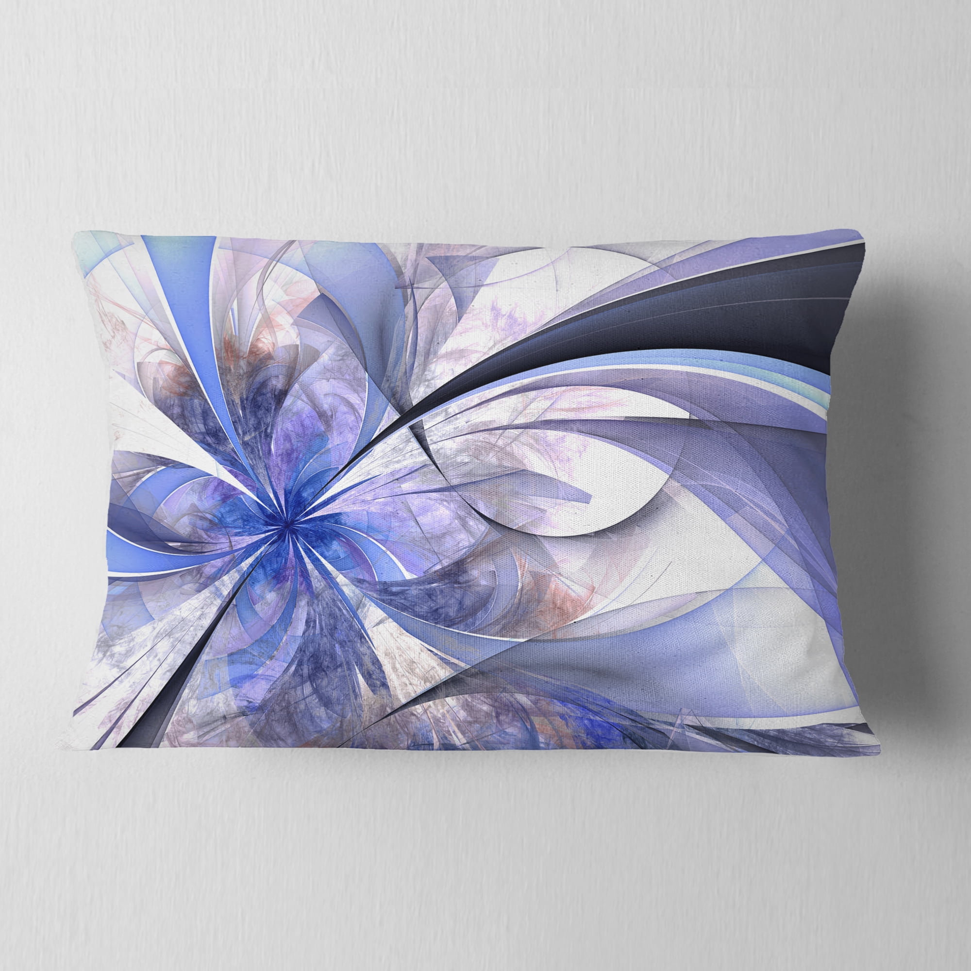 Designart Blue Fractal Flower Design in White - Floral Throw Pillow - 12x20