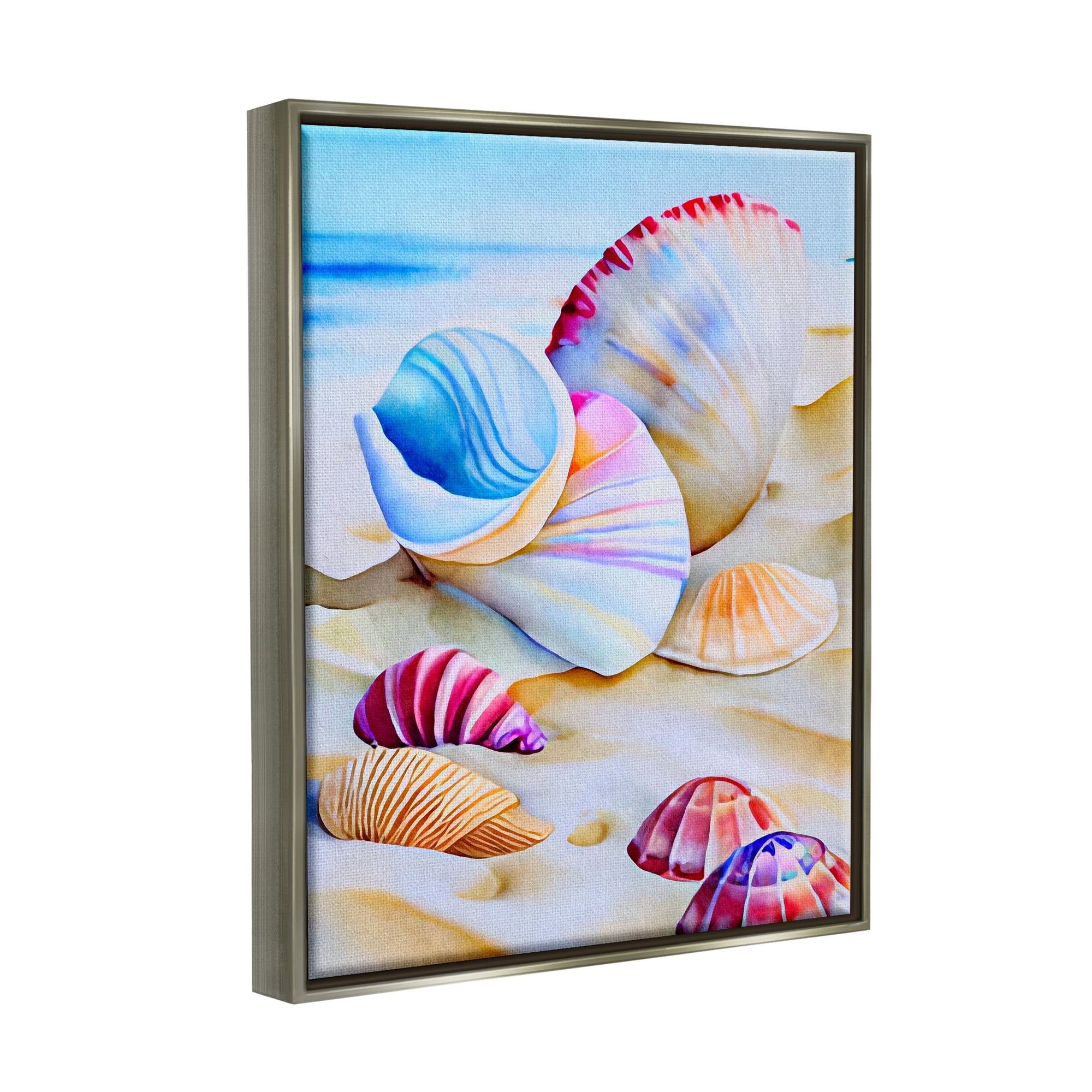 Stupell Industries Vibrant Seashells on Beach Nature Painting Gray Floater Framed Art Print Wall Art, 25 x 31