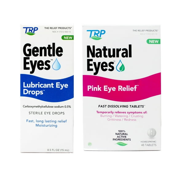 TRP Gentle Eyes Lubricant Eye Drops, Fast Long Lasting Relief, Moisturizing, 0.5 fl oz & Natural Eyes Pink Eye Relief Dissolving Tablets, Temporarily Relieves Symptoms of: Burning, Redness, 48 Count