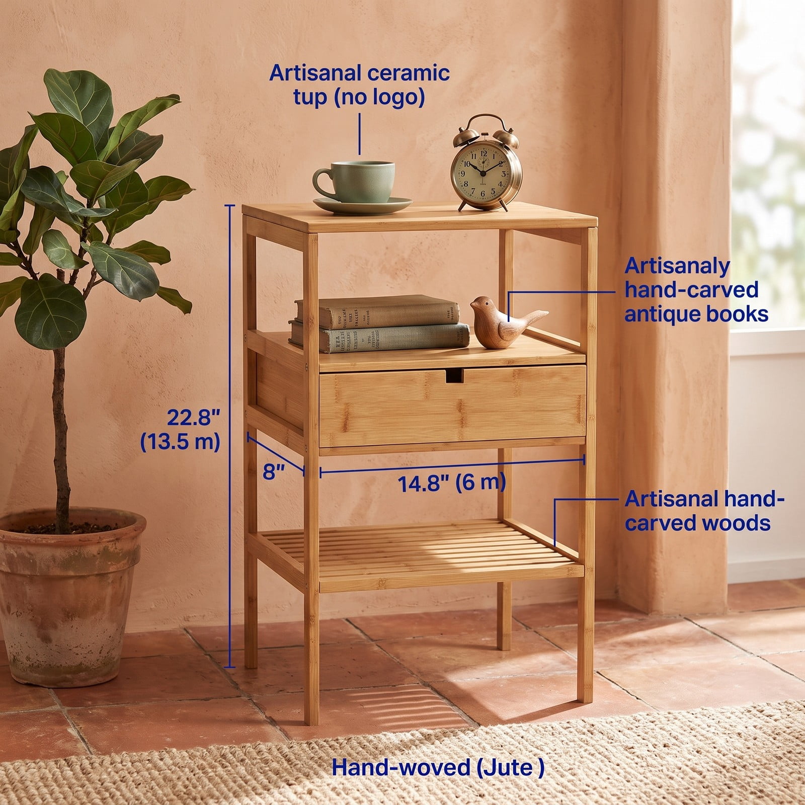 Furnibear Bamboo Nightstand with Storage Drawer and Slatted Open Shelf for Bedroom Living Room and Study Room, Wood Bedside Table, Natural