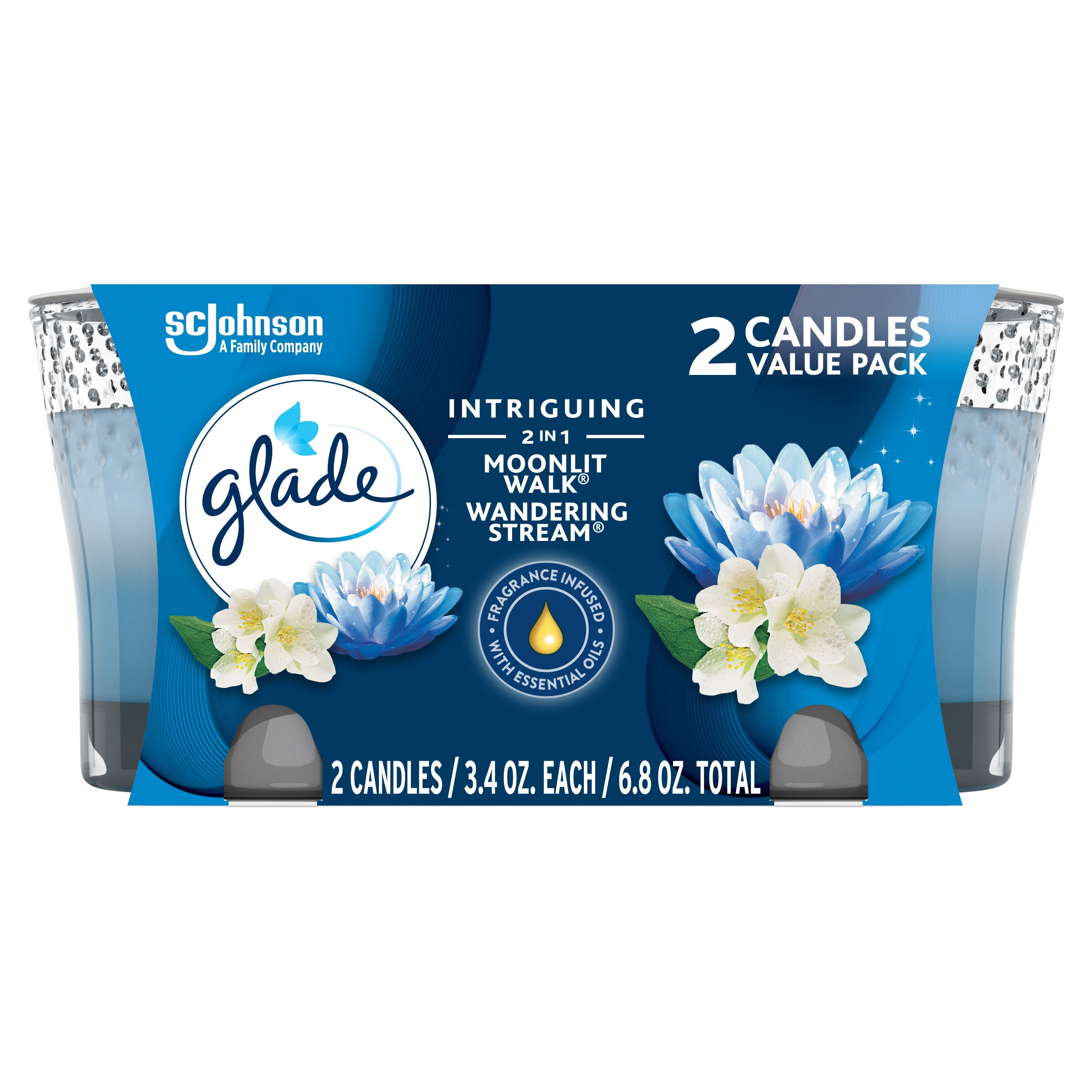 Glade Jar Candle 2 CT, Moonlit Walk & Wandering Stream, 3.4 oz Total, Air Freshener, Wax Infused with Essential Oils
