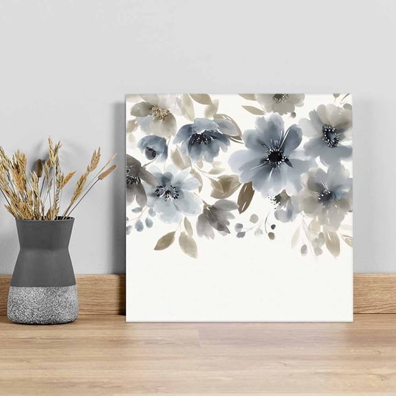 Blue Brown Spring Floral Wall Art Painting on Canvas, Watercolor Summer Botanical Canvas Art Home Prints Wall Art Framed Modern Artwork for Living Room Bedroom Wall Decor 8x8in