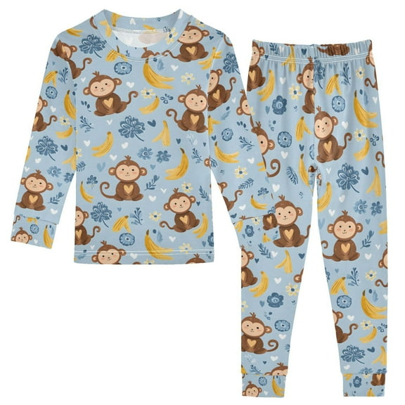 joogoo Cartoon Monkey Bananas 2 Piece Long Sleeve Tee and Pants Cotton Pajama Set 5Y
