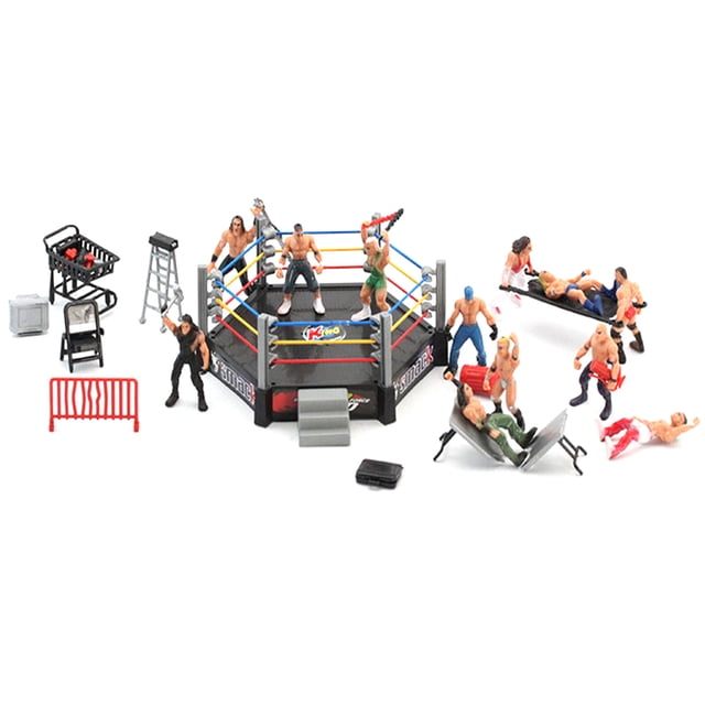 Scene Model 32 Pcs Mini Wrestling Playset with mini action figures and accessories, featuring a 6-sided wrestling ring, 12 assorted 2-inch wrestlers, and various realistic accessories like a ladder, chairs, barricade, stretcher, and more. The playset measures approximately 15x12x6.1cm and is made of ABS material. Multicolour design suitable for kids and wrestling fans.