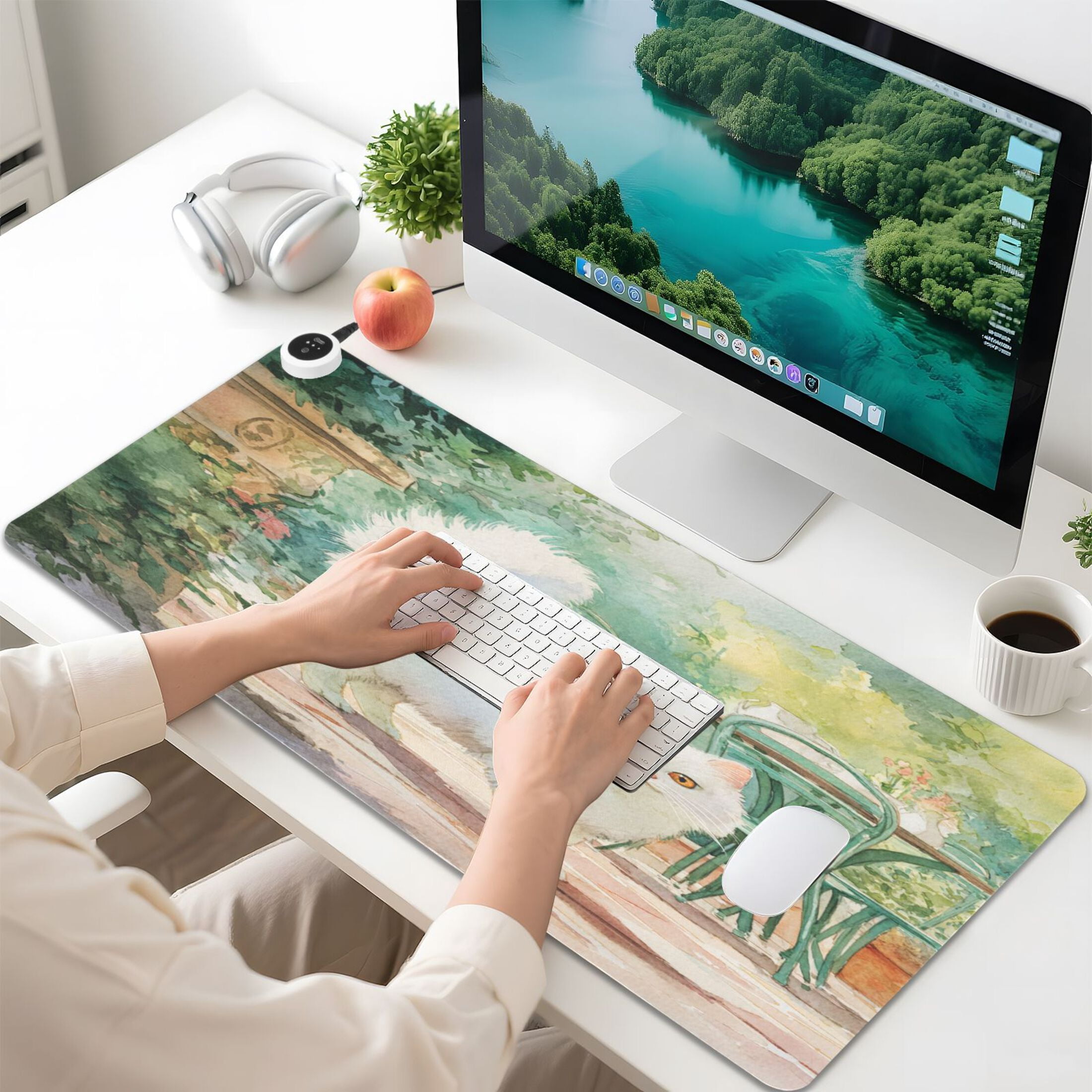 Large Heated Desk Mat Mouse Pad 31.5"x13"PU Leather Graphene Heating Desk Warmer with 3 Temperature Settings 110V US Plug Non-Slip Warm Pad for Home, Office, and Gaming Watercolor White Persian Cat
