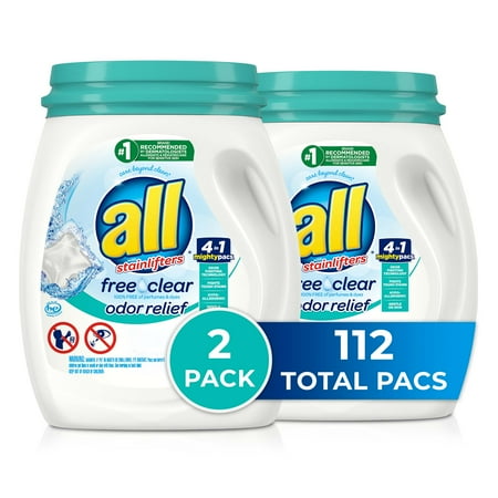 All Mighty Pacs Laundry Detergent, Free Clear Odor Relief, Tub, 56 Count, Pack Of 2, 112 Total Loads