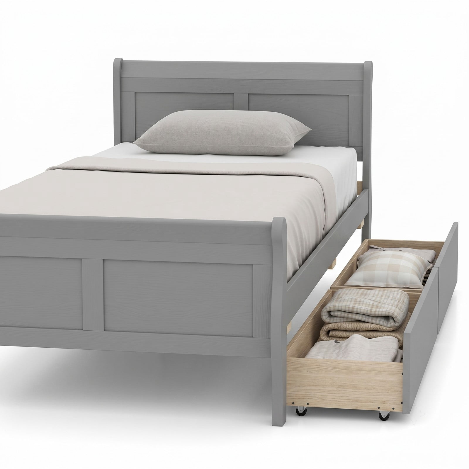 Furnibear Twin Bed Frame with Storage, Wood Sleigh Bed with 2 Storage Drawers and Curved Headboard, Space Saving, Gray