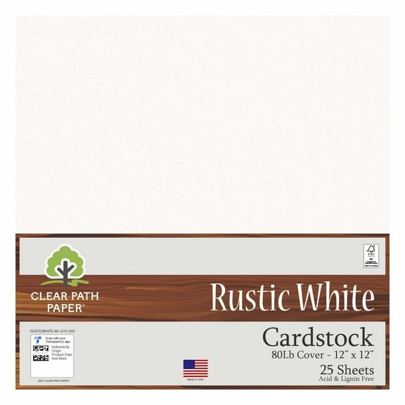 Rustic White Cardstock - 12 x 12 inch - 80Lb Cover - 25 Sheets - Clear Path Paper