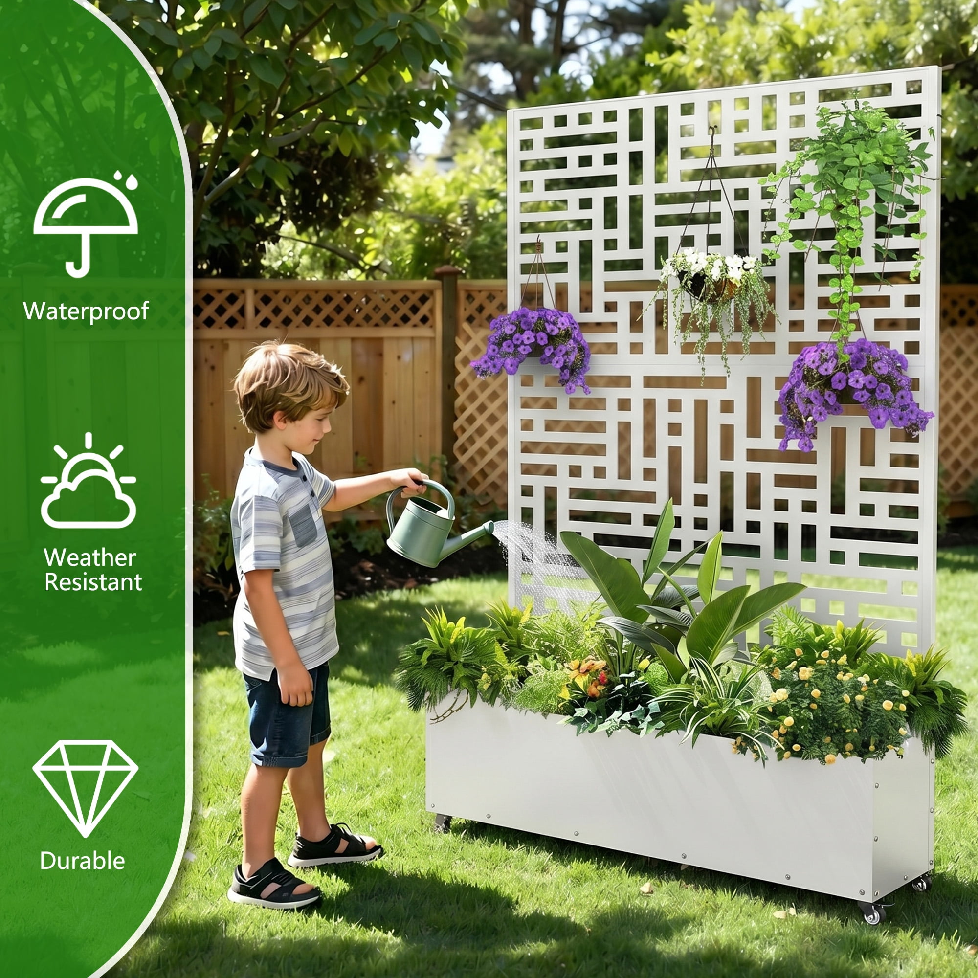 71'' H Metal Planter with Trellis and Wheels Set of 2, Outdoor Raised Garden Bed for Climbing Plants, Trellis Planter Box with Drainage Hole, White