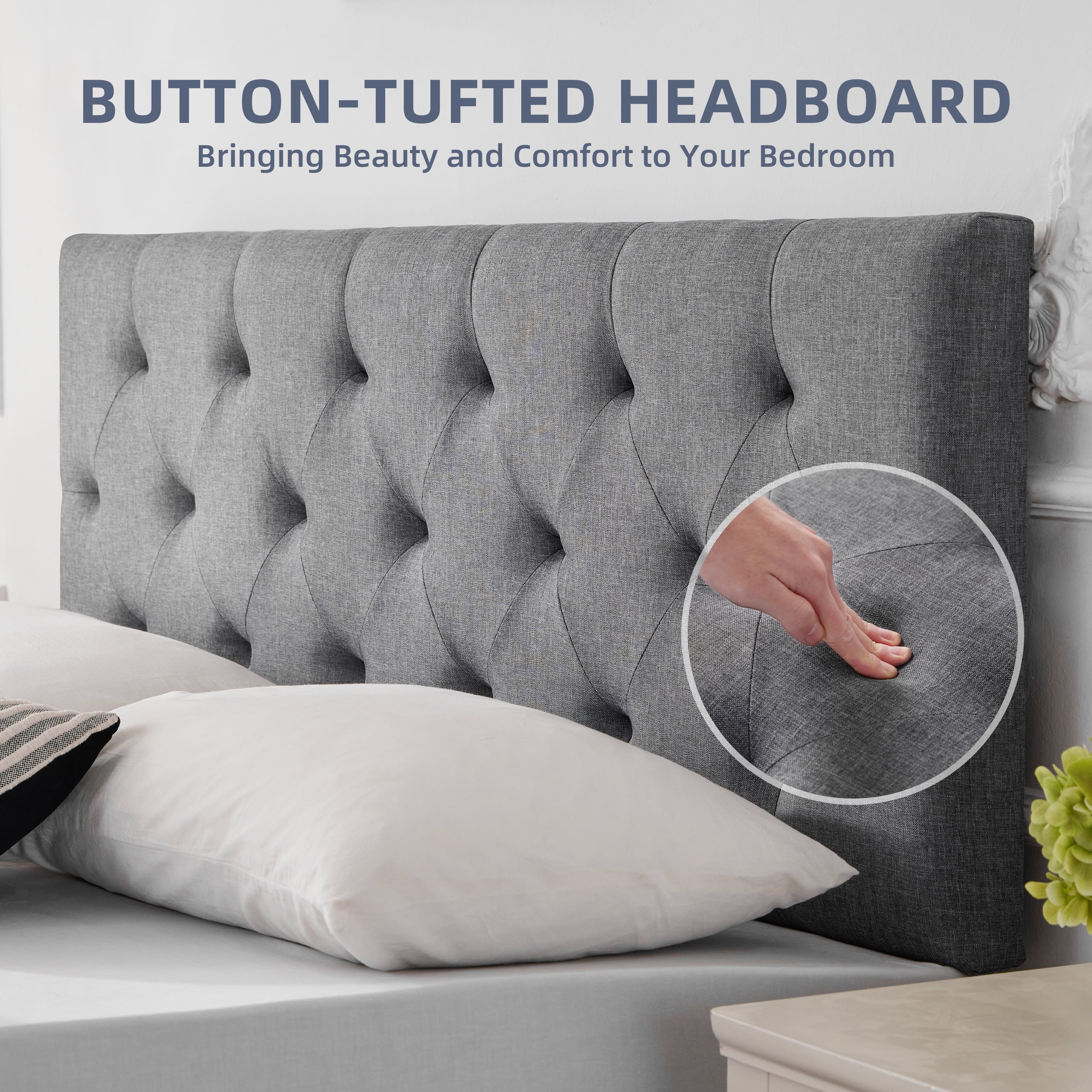 Weture Linen Upholstered Full Headboard, Modern Panel, Light Grey