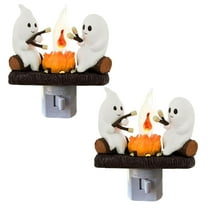 Ghost Campfire Flickering Night Light, 2 Ghosts Roasting S'mores at Campfire, Halloween Night Lights Plug into Wall, Halloween Indoor Decorations