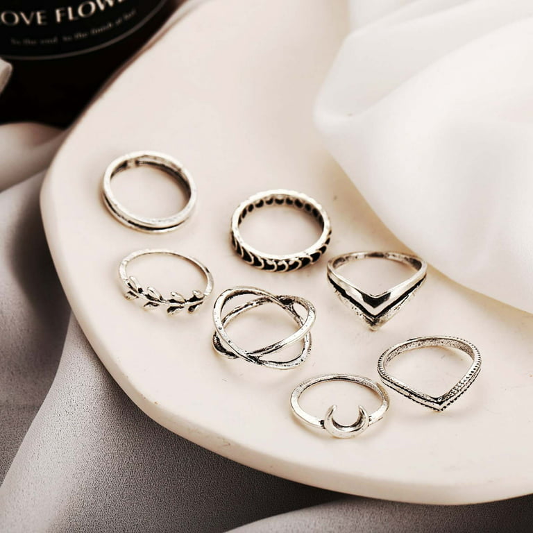 mnjin joint creative piece ring set leaf hop 7 moon retro fashion ring set  rings silver
