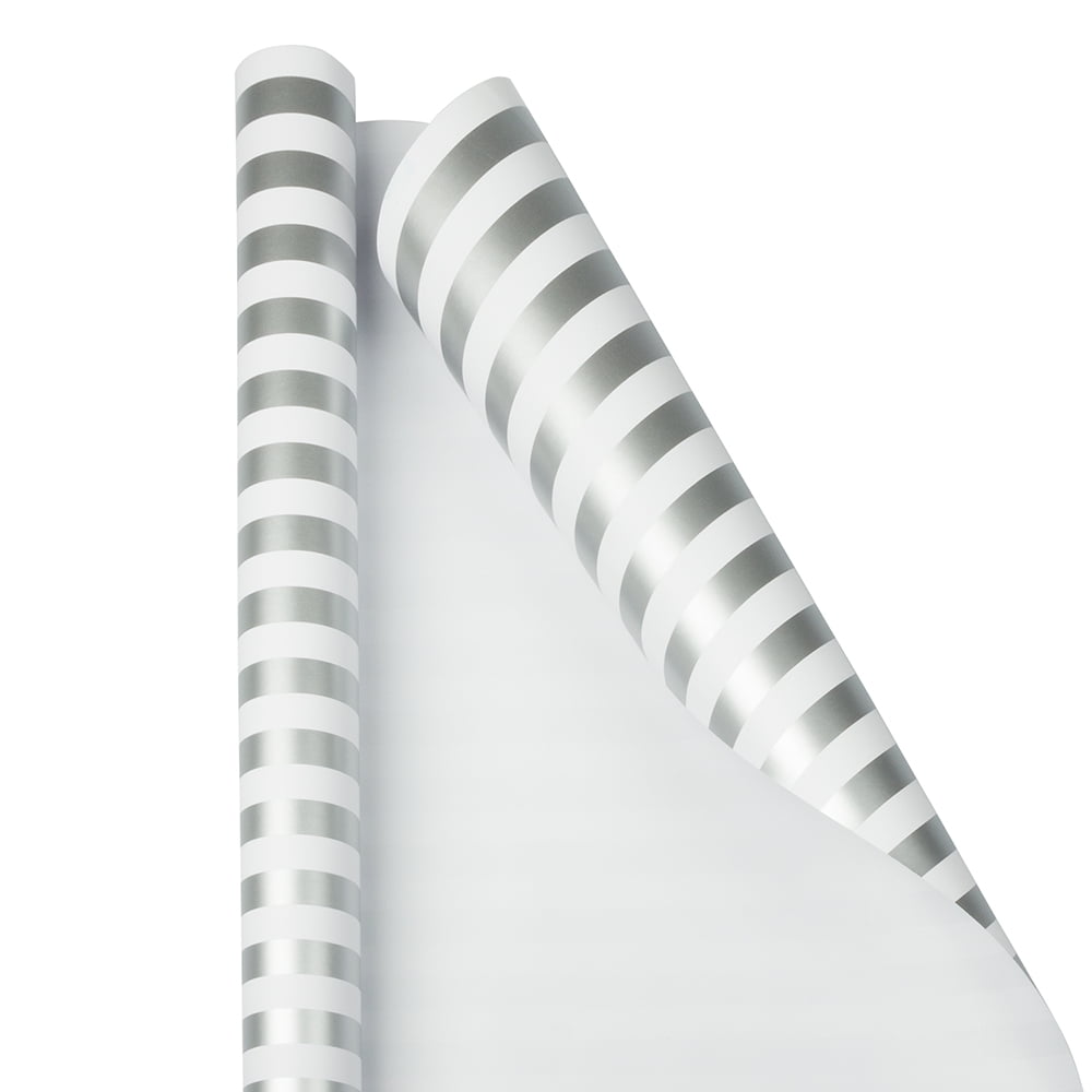 JAM Paper Silver & White Stripe Gift Wrap Paper, 25 sq ft, 1 per Pack