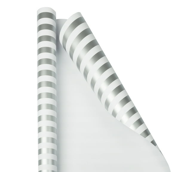JAM Paper Silver & White Stripe Wrapping Paper, All Occasion, 25 Sq. ft, 1/Pack