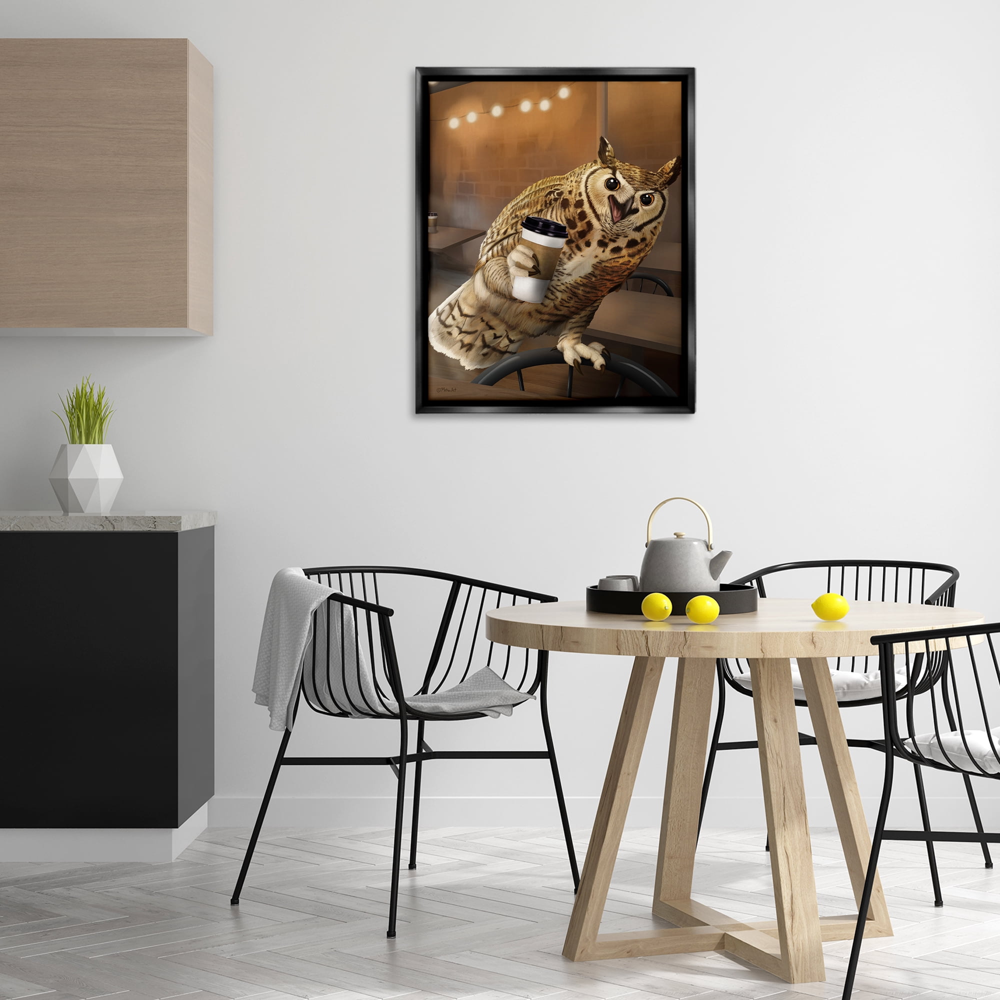 Stupell Industries Owl with Coffee Cup Food & Beverage Painting Black Floater Framed Canvas Art Print Wall Art, 25 x 31