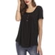 thumbnail image 3 of Las mujeres de cuello redondo Top botón Trim plisado busto de manga corta tipo suelto Casual T Shirt Negro M, 3 of 6