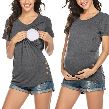 

Women s Maternity Short Sleeve Side Button Tunic Nursing Tops For Breastfeeding /L