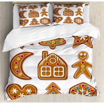 Gingerbread Man Duvet Cover Set, Graphic Gingerbread Sugar Biscuits with Colorful Dots Bonbons Print, Decorative 3 Piece Bedding Set with 2 Pillow Shams, King Size, Brown Multicolor, by Ambesonne