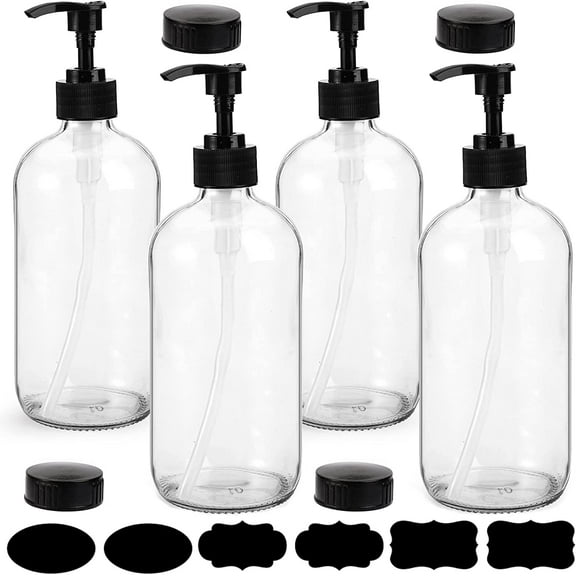 IEMIEBSHA 4 Pack 16 Oz Glass Pump Bottles, Clear Refillable Containers Glass Soap Dispenser for Essential Oils, Lotions, Cleaning Products, 4 Black Caps 6 Labels