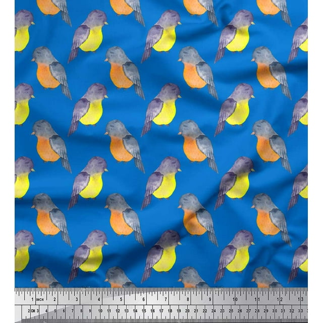 Soimoi Blue Rayon Fabric American Robin Bird Decor Fabric Printed BTY 56 Inch Wide