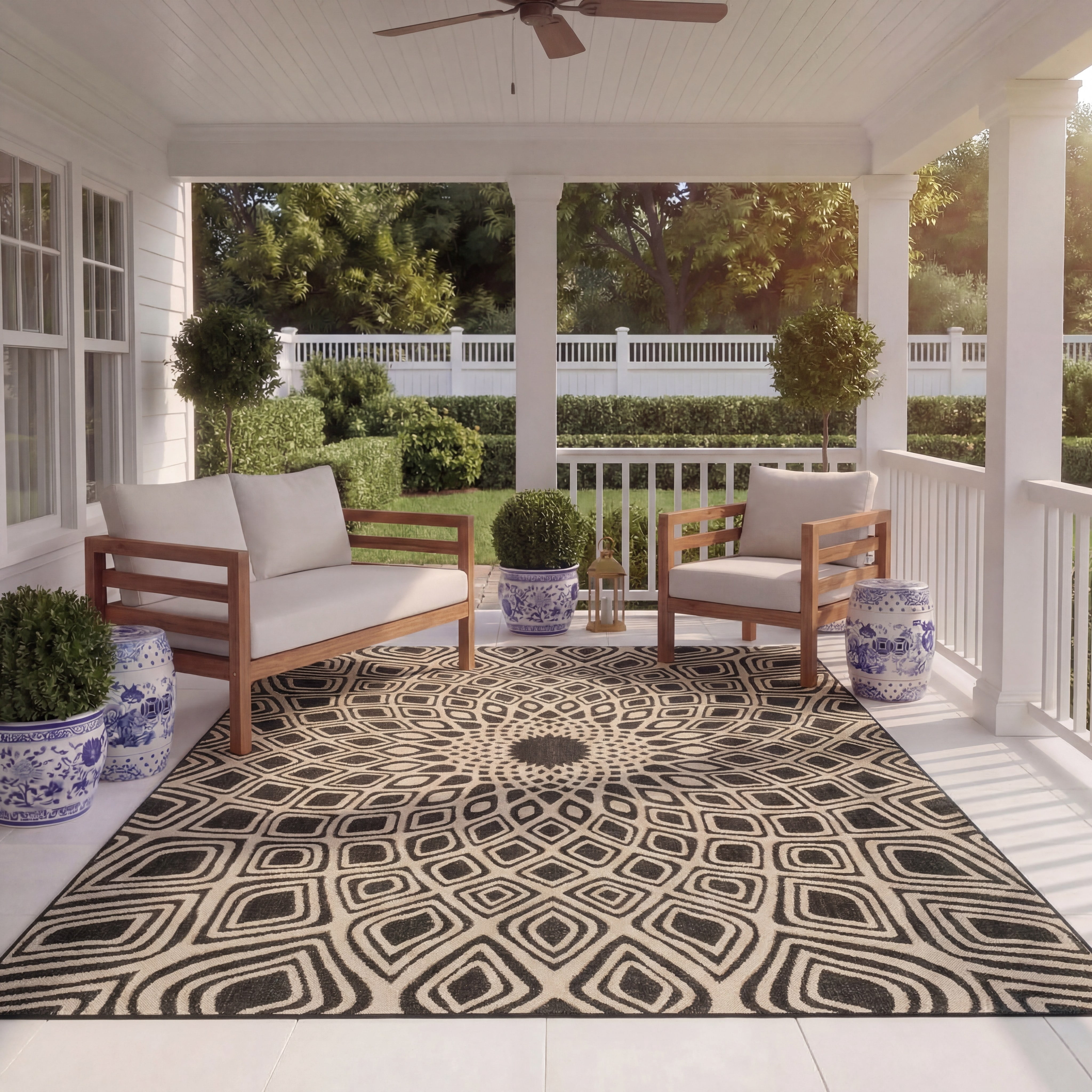 SAFAVIEH Courtyard Thane Nautical Indoor/Outdoor Area Rug, 9' x 12', Black/Beige