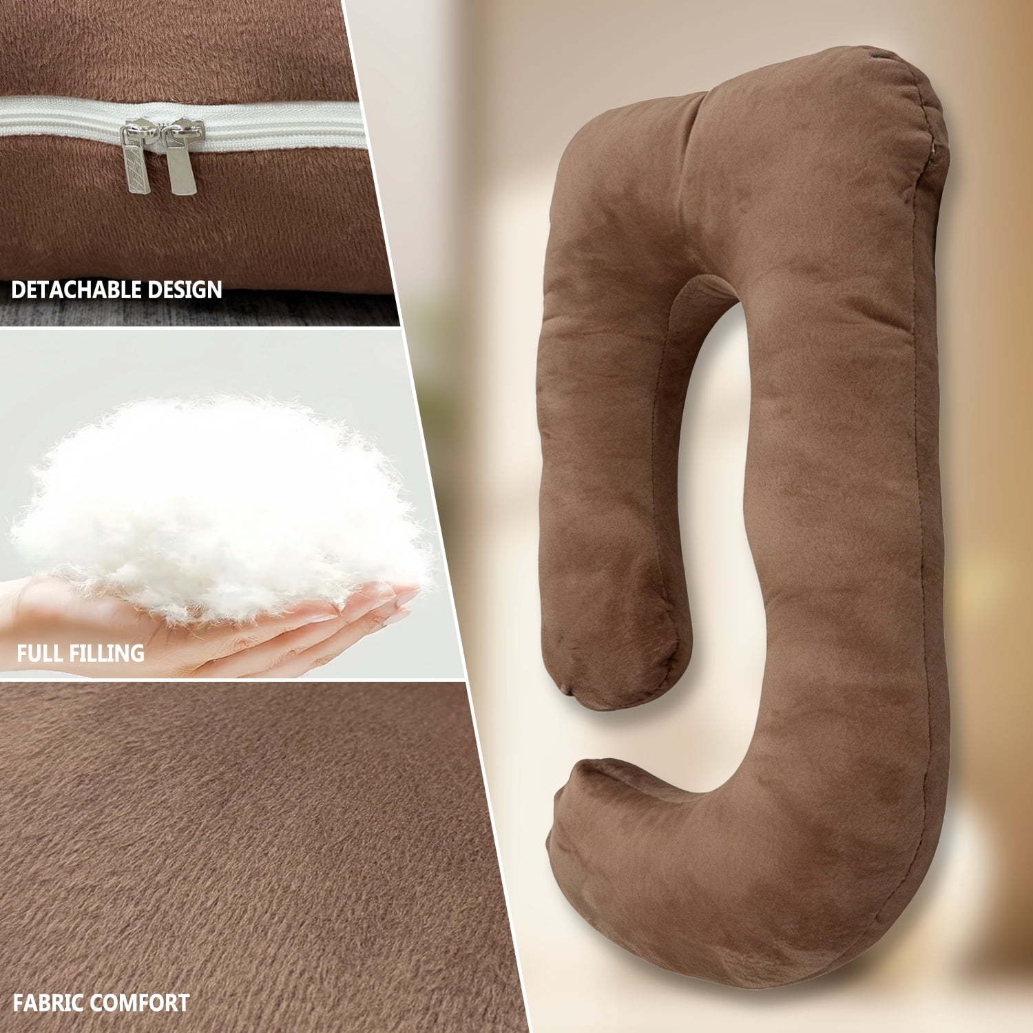 J-Shaped Pregnancy Pillow (65" x 16" x 8") - Full Body Maternity Support Pillow for Back, Hip and Belly Pain Relief, Coffee