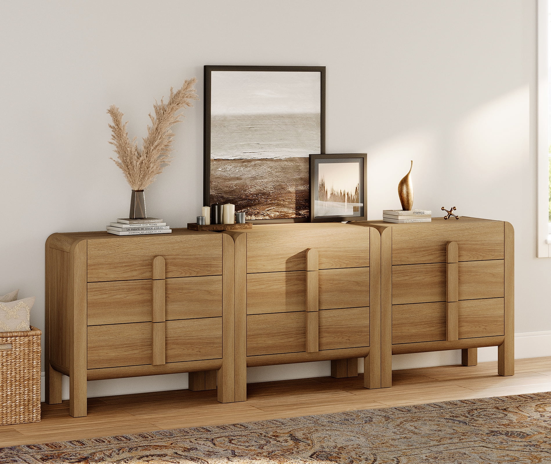 3 In 1 Wood Accent Cabinet with Drawers, 94.5" Modern Credenza Storage Cabinet with Curved Profile Design for Living Room, Kitchen, Dining Room, Hallway