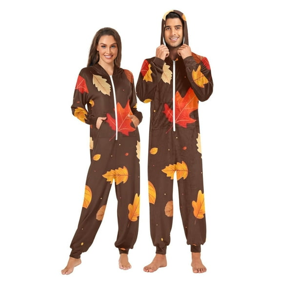 Autumn Falling Leaves Adult onesie Pajamas, Crystal Velvet Ultra Soft Warm Jumpsuit for Men and Women