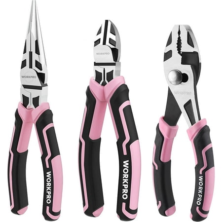 3-Piece Pliers Set, Pink Tool Set Including Needle Nose & Diagonal Cutting Slip Joint for Plumbing, Automotive and General Applications - Ribbon
