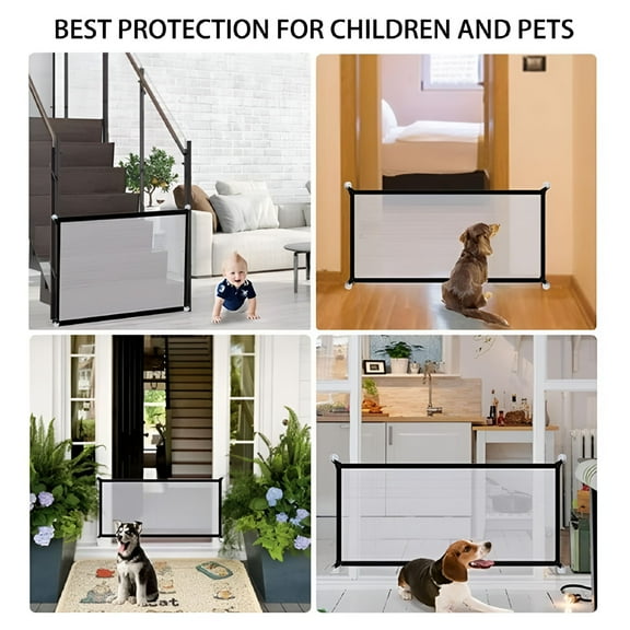 XIBUFE Retractable Dog Gate with Zippered Cat Door, Extra Wide Pet Barrier for Stairs and Doorways, Foldable Indoor Safety Fence