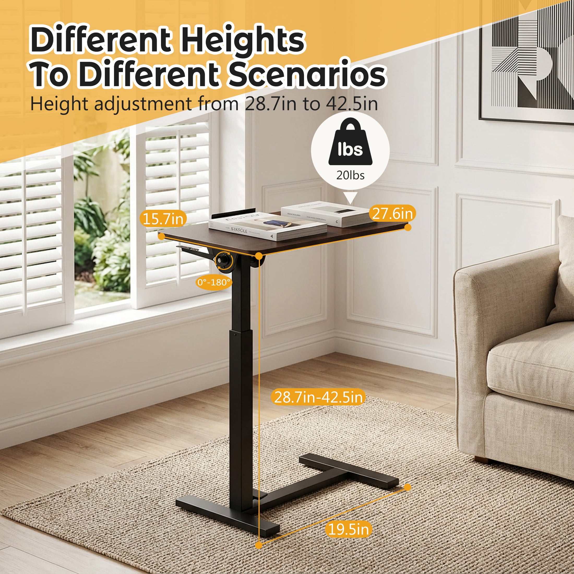 CONCETTA Overbed Table with Wheels Mobile Standing Desk, Adjustable height, Double-Sided Flip, Saves Space for Office, Classroom, Brown