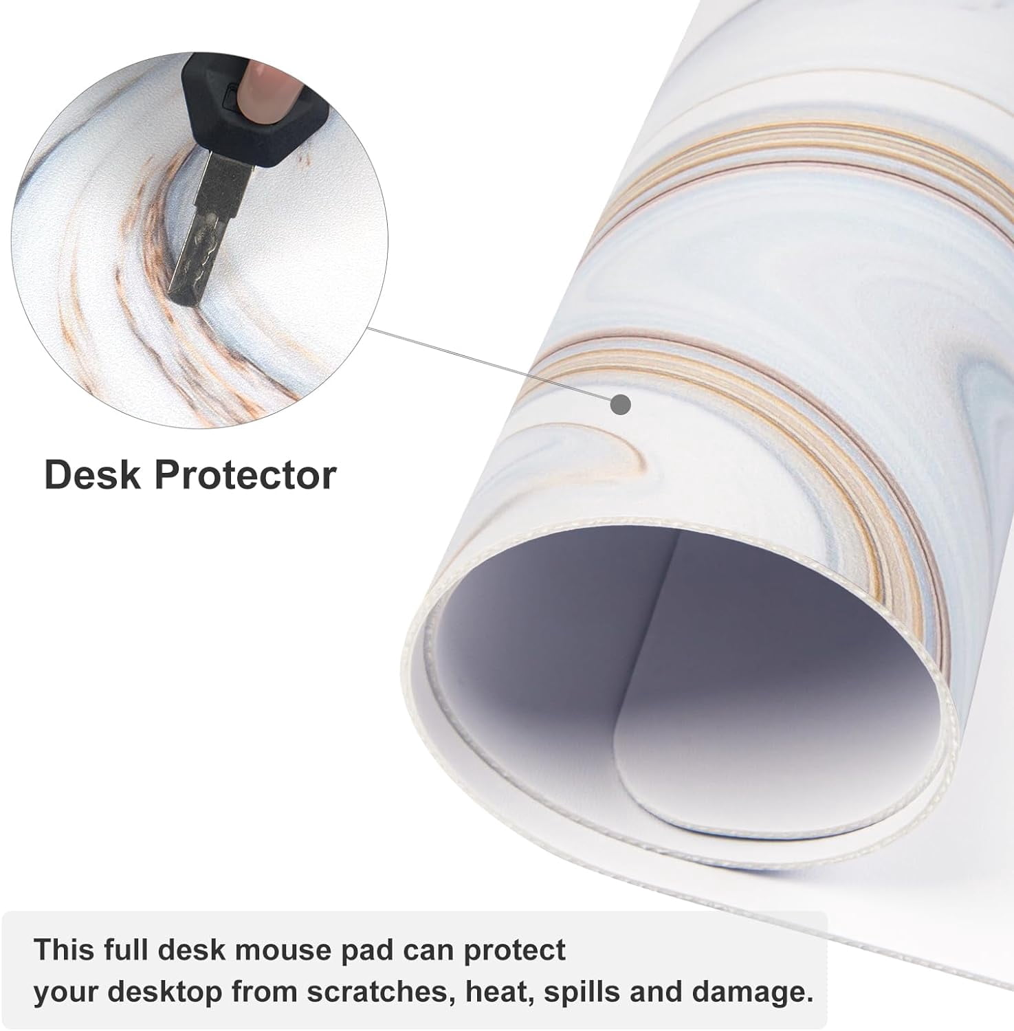 White Mouse Pad, Cute Marble Large Desk Mat, PU Leather Desk Protector Mousepad, Gold Grey Striped Waterproof Computer Keyboard Gaming Mouse Pads, Non Slip Extended Writing Pad 31.5" x 15.7"