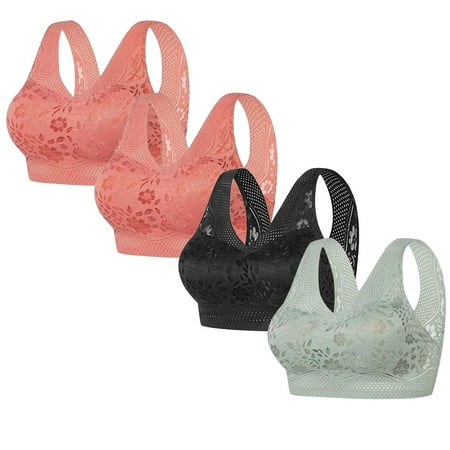 REORIAFEE Underwear for Women 4 Pack Gathered Together Wirefree Bras Floral Prints Brassiere Comfy Wide Strap Breathable Corset Underwear Comfortable Classic Support Lingerie Green XL