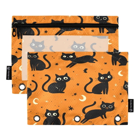 2 Pack 3 Ring Binder Pouch with Clear PVC Window Water Resistant Zipper Pencil Pouch Repetitive Play Black Cat Pattern Binder Pocket for Classroom Office Home Stationery Organization