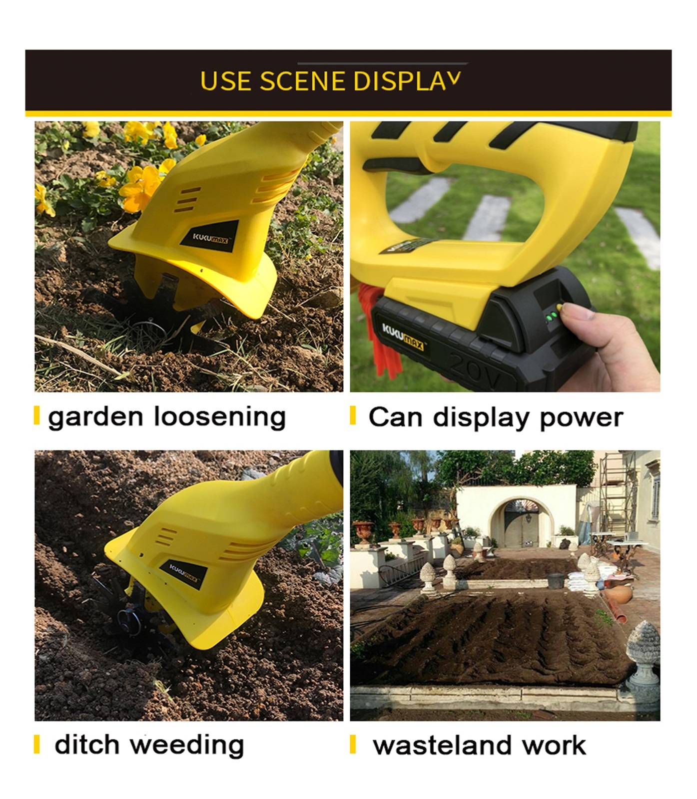20V Handheld Tiller Garden Rotary Cultivator Machine Cordless Garden Power Tool Professional Portable Cultivator Garden Tools ,2 IN 1 Trimmer & Edger