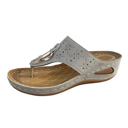 OJSFQUFP Women Shoes Casual Sandals for Women Metal Decoration Feature Pattern Wedge Flip Flops Platform Leather Sandals Washable House Slippers Grey 41