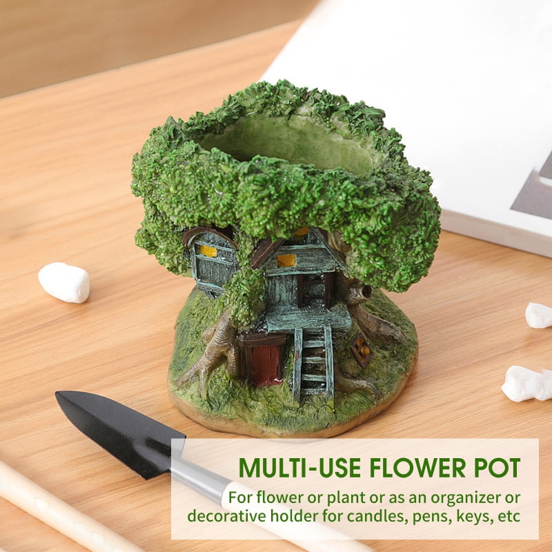TFixol Gardening GiftMini Flower Pot Tree House Shaped Succulent Plant Pots with Drainage Holes Pen Holder Planter FlowerPots Planting Container for Home Office Garden