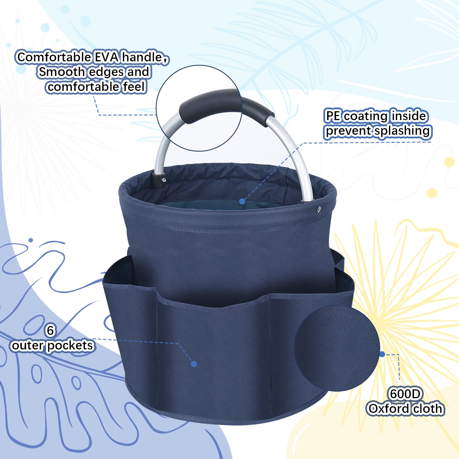 Bocaoying  17L Cleaning Organizer Caddy with Handle,Large Folding Cleaning Basket Bag,Multifunction Collapsible Waterproof Gardening Tool Storage Bag,Multipocket Craft Caddy Organizer for Cleaning Utensils(navy blue)