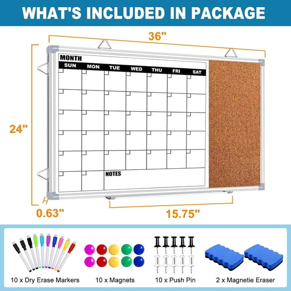 Calendar Whiteboard for Wall, 36" x 24" Double Sided Monthly Dry Erase Board Calendar for Office, Home, School, Hanging Cork Board White Board Combo, Portable Magnetic Dry Erase Planner Board