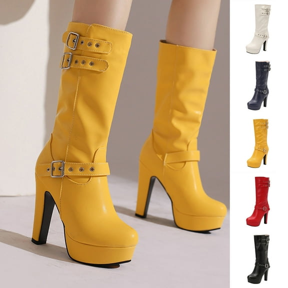 HAOTAGS Women's Mid-Calf Boots, Buckle Belt Thick Waterproof Platform High Heel Boots Yellow
