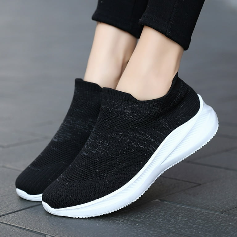 Aayomet Womens Slip on Sneakers Women's Simple And Fashionable Flying Woven  Round Head Solid Color Lightweight Breathable Soft,Black 8.5