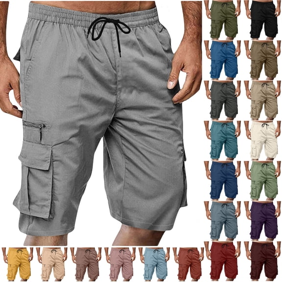 Havenre Men's Casual Stretch Cargo Shorts Knee Length Summer Basic Solid Color Classic Drawstring Elastic Waist Summer Beach Vacation Work Short with Multi Pockets