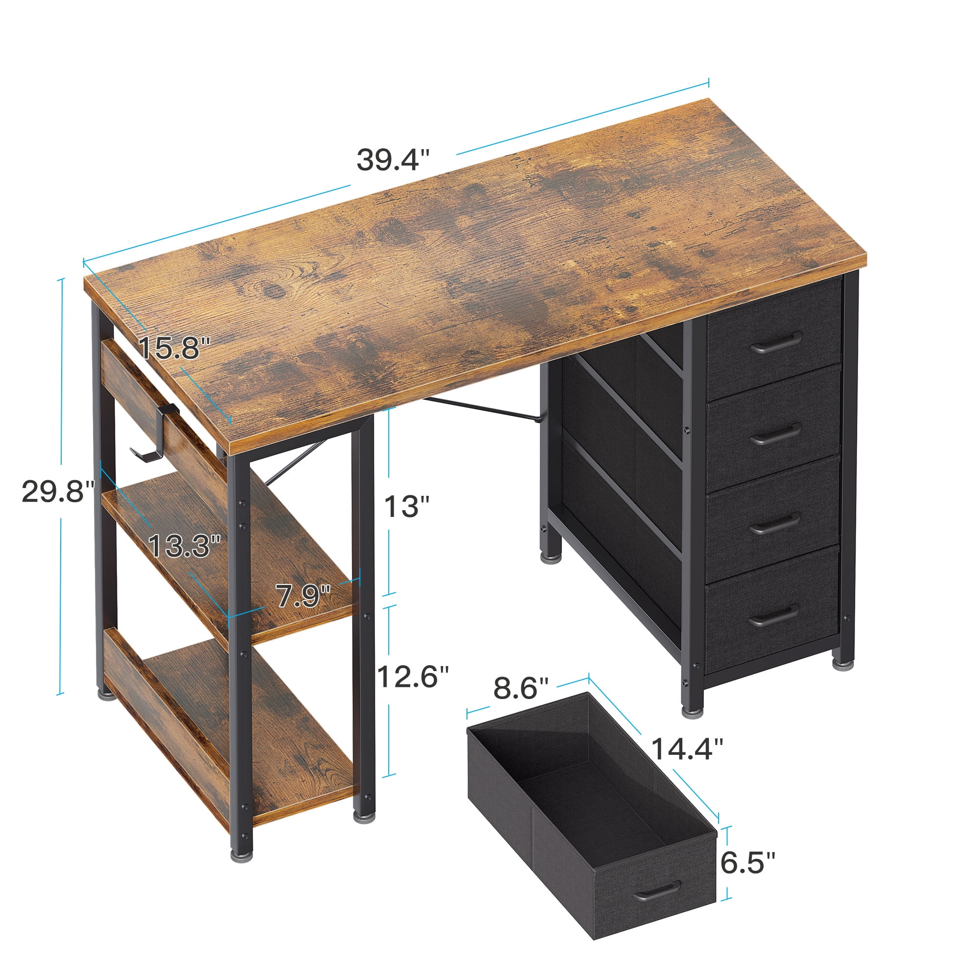 Casacomoda Computer Desk with Drawers & Storage Shelves, 40 Inch Corner Desk for Home Office Bedroom, Small Teen PC Desks with Fabric Drawer, Vintage