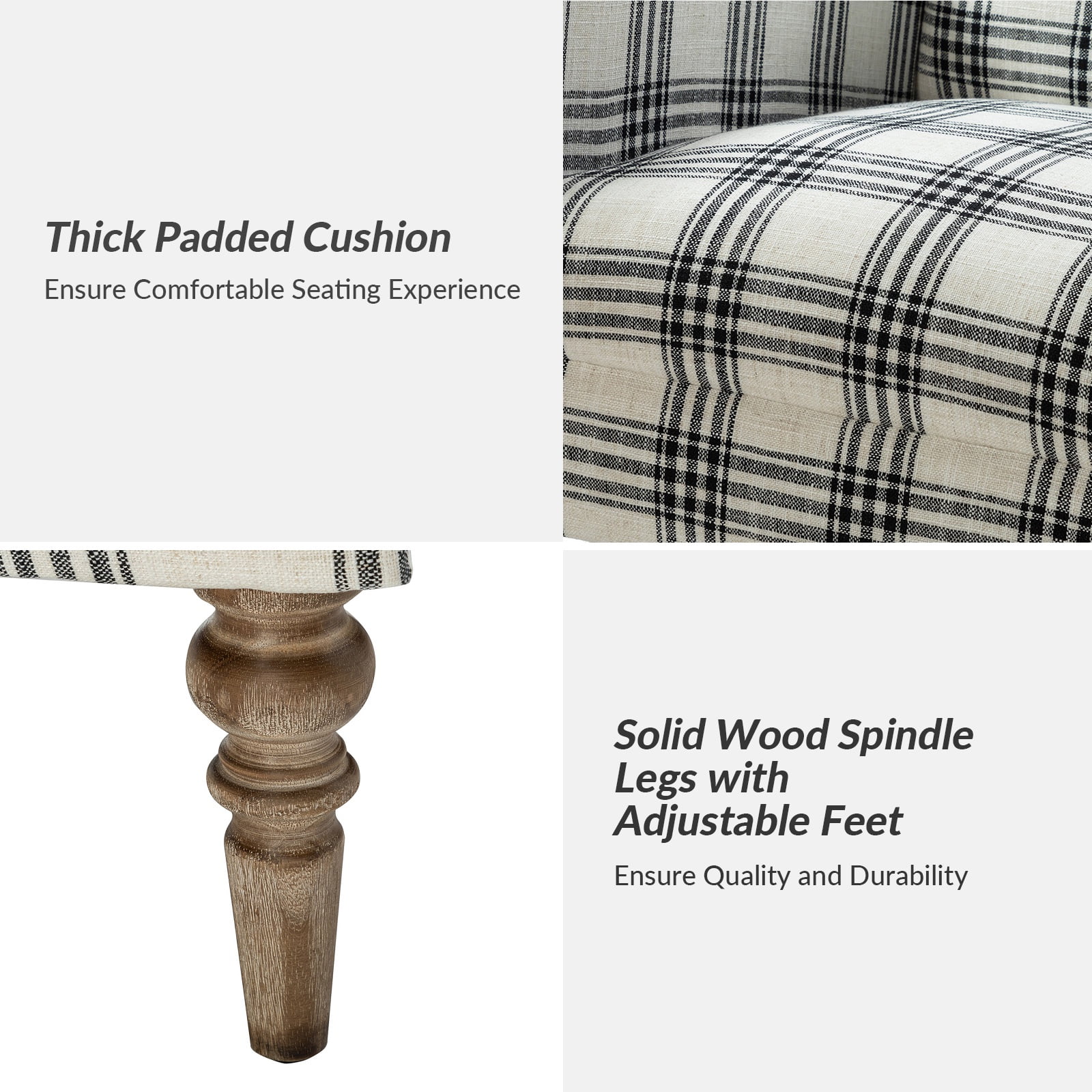 Modern Plaid Accent Chair Upholstered Black Armchair Adult Home Bedroom Living Room