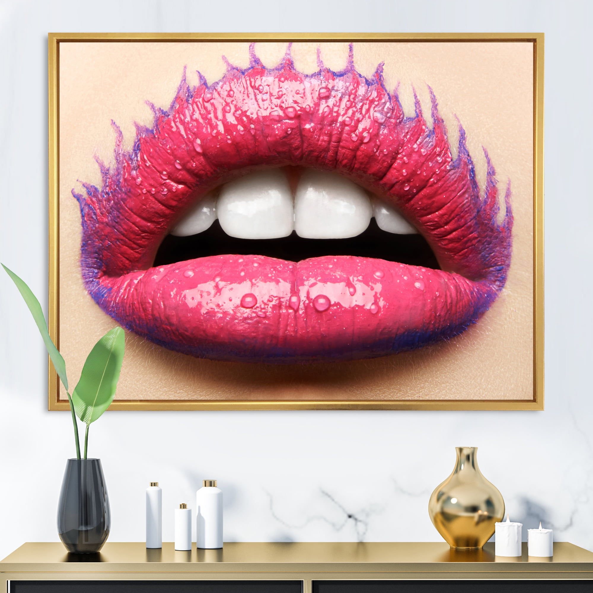 Designart 'Beautiful Woman Lips With Pink Lipstick' Modern Framed Canvas Wall Art Print